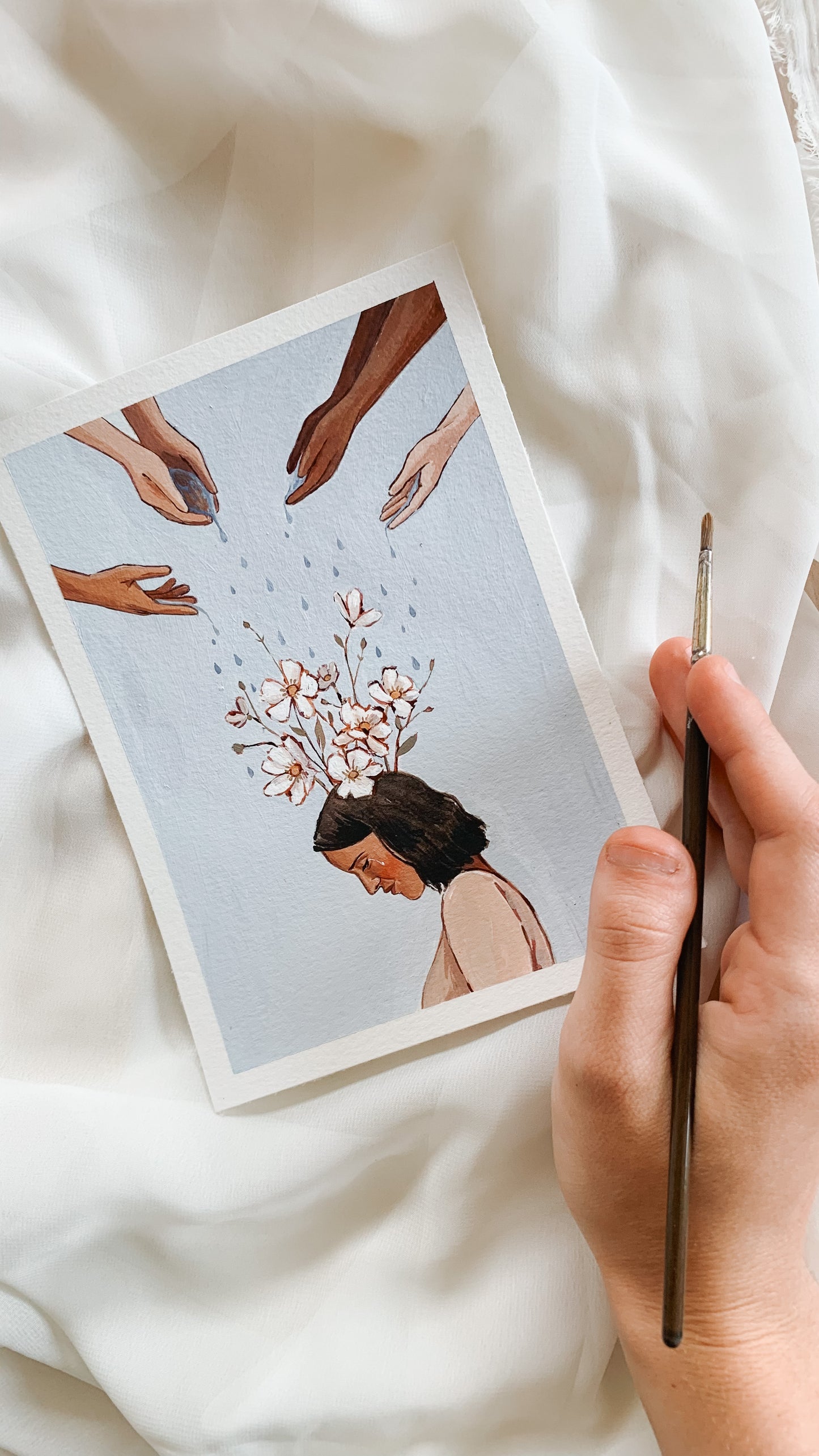 'The Many Hands That Water Me When I Cannot Do It Myself' 5x7 inch original painting