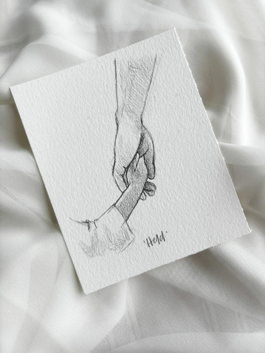 'Held' 4x5 inch original sketch